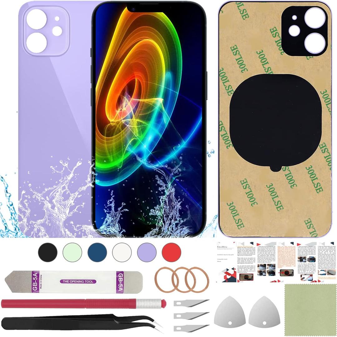 Rear Back Replacement Glass Cover Compatible with iPhone 12 6.1" + Professional Tools (Purple)