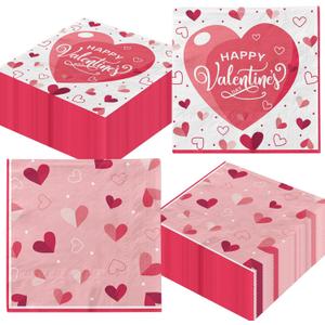 Valentines Napkins,48pcs Pink Heart Valentines Day Paper Napkins Disposable Valentine Cocktail Napkins for Wedding Anniversary Party Supplies