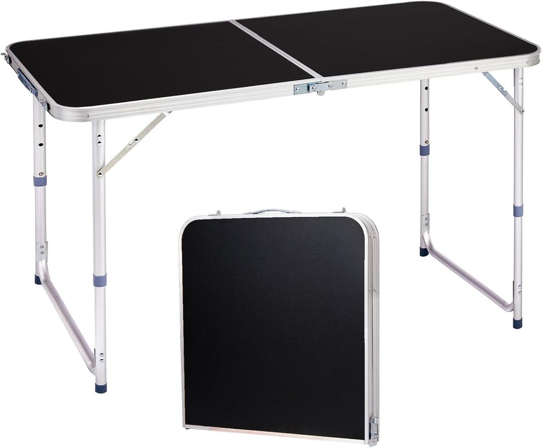 4.0 Ft Folding Portable Camping Table with Three Adjustable Heights, RV Tables for Inside a Camper, Outdoor, BBQ, Dining, Picnic, Cooking, Beach, Garden, Black