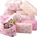 Paterr 10 Pcs Quilted Makeup Bag Bulk Cotton Floral Cosmetic Bag Women Girls Bridesmaid Gifts Cute Makeup Pouch Coquette Aesthetic Travel Toiletry Organizer(Pink Bow,6.30 x 3.94 Inches)
