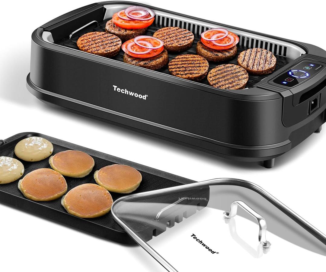 Indoor Smokeless Grill, Techwood 1500W Electric Indoor Grill with Tempered Glass Lid, Portable Non-stick BBQ Korean Grill, Turbo Smoke Extractor Technology, Drip Tray& Double Removable Plate, Black
