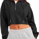 Hilinker Womens Casual Cropped Hoodies Half Zip Sweatshirt Long Sleeve Pullover Tops Black Small