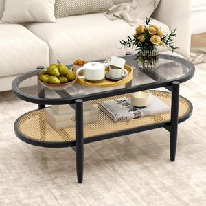 Giantex Rattan Coffee Table, 2-Tier Oval Wood Tea Table with Tempered Glass Tabletop & PE Rattan Storage Shelf, 40" Boho Cocktail Tables, Mid Century Modern Center Table for Living Room Office, Black
