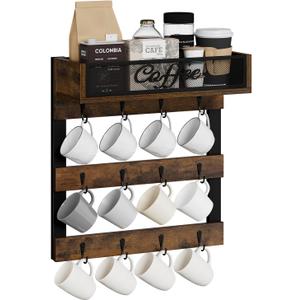 YINMIT Coffee Mug Holder with 12 Hooks, Coffee Cup Holder Wall Mounted with Top Shelf, Mug Organizer for Home Kitchen, Brown