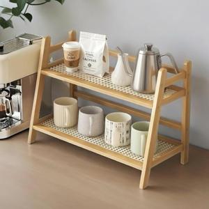 2-Tier Coffee Bar Organizer for Countertop, 15.35 x 6.88 x 11.22 Bamboo Mug Rack, Coffee Bar Accessories, Rattan Shelf for Kitchen, Office, or Matcha Station