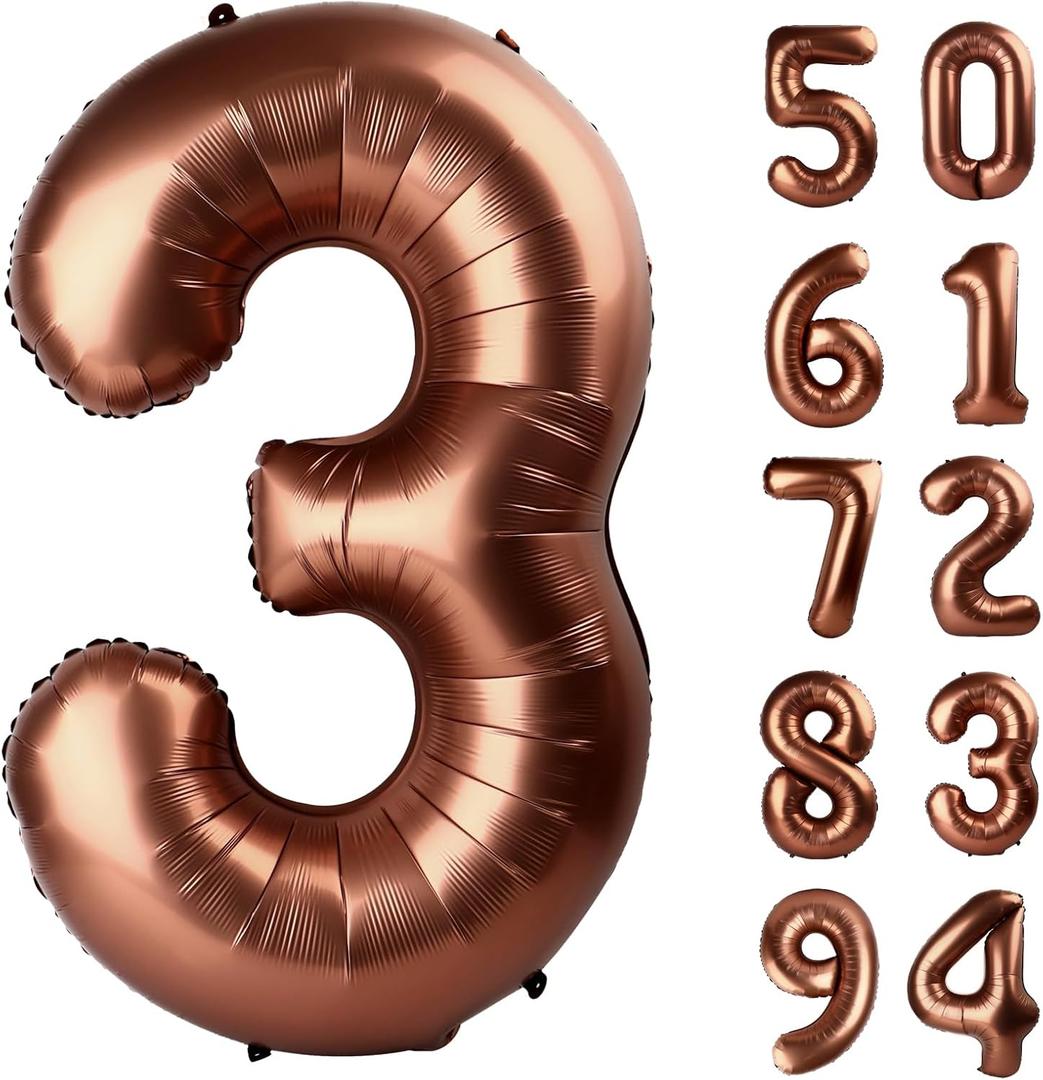 Dark Brown 3 Balloon, Coffee Brown Number Balloons 40 Inch, Chocolate 3rd Birthday Decorations for Kids Girls Boys, Men Women Party Supplies for Decorations, Number 3 Balloon