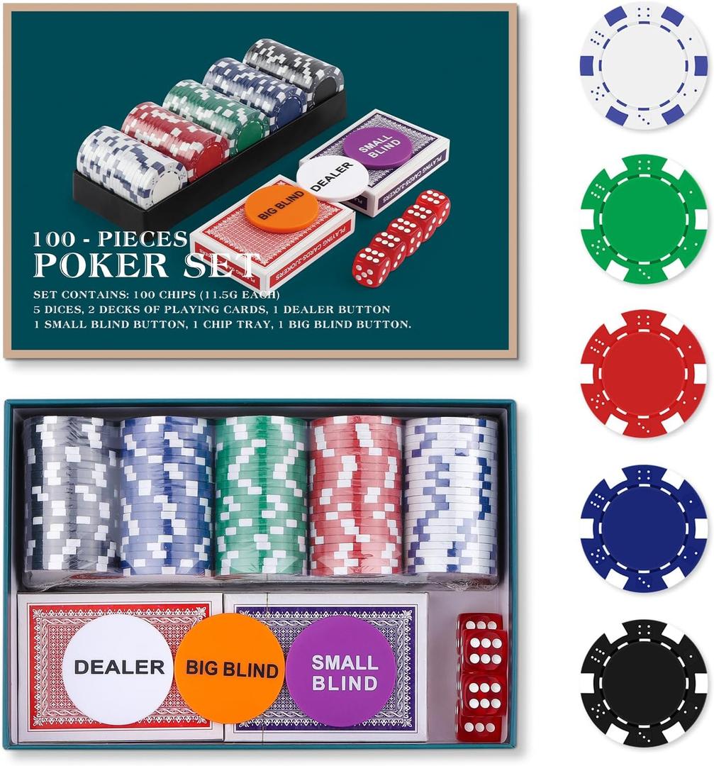 Poker Chip Travel Set, 100PCS 5 Color Professional Poker Chips in Cardboard Gift Box, 11.5 Gram Clay Composite Casino Poker Chips for Casino Card Games Texas Holdem Blackjack