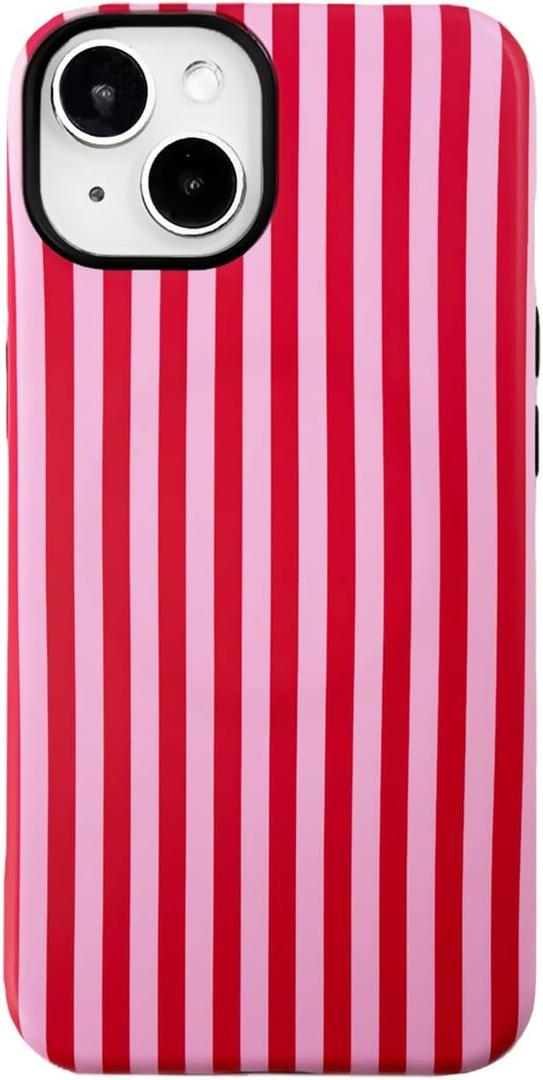 Pink and Red Striped Phone Case for iPhone 14/iPhone 13 6.1in,Compatible with Magsafe,Cute Aesthetic Fashion Magnetic Soft TPU Hard PC Shockproof Cover-Pink Red Matte