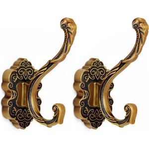 Zonon 2 Pcs Antique Gold Wall Hooks Set Vintage Coat & Towel Hooks for Entryway, Bathroom, Bedroom Decorative Heavy Duty Wall Mounted Unique French Country Curtain Holder for Keys, Hats Bags, Clothes
