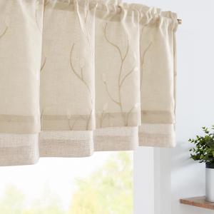 jinchan Linen Valance Sheer Double Layer Kitchen Window Curtain Leaf Embroidered Valance for Living Room Cafe Farmhouse Light Filtering Rustic Country Curtain 18 Inch Rod Pocket 1 Panel Beige