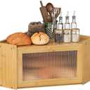 Corner Bamboo Bread Box for Kitchen Counter Large Capacity Rustic Bread Storage Container with Wavy Arcylic Transparent Door Vintage Storage for Homemade Bread (Natural Bamboo)