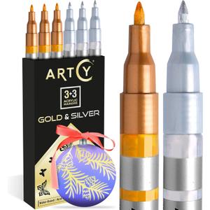 Acrylic Paint Pens - 3 Gold and 3 Silver Acrylic Paint Markers Extra Fine Tip (0.7mm) | Great for Rock Painting, Canvas, Glass, Porcelain, Fabric, Paper, Pottery and Plastic (1 Count (Pack of 6))