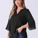 Allegra K Women's 3/4 Sleeve V Neck Chiffon Flowy Mesh Shirt Casual Loose Work Tunic Blouse Top (Black, S)