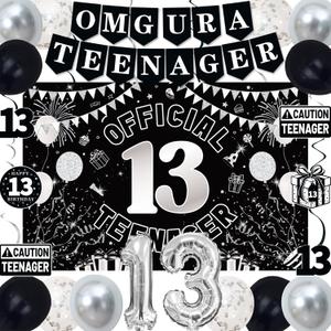 13th Birthday Decorations for Boys Girls, Black White Omg Ur A Teenager Birthday Party Decorations, Official 13 Teenager Backdrop, Foil Balloons 13, Banner, Balloons, Hanging Swirl, Birthday Card Set