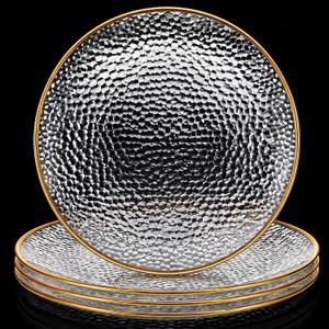 Havawish 4 Pcs 13 Inch Hammered Glass Charger Plates with Gold Edge