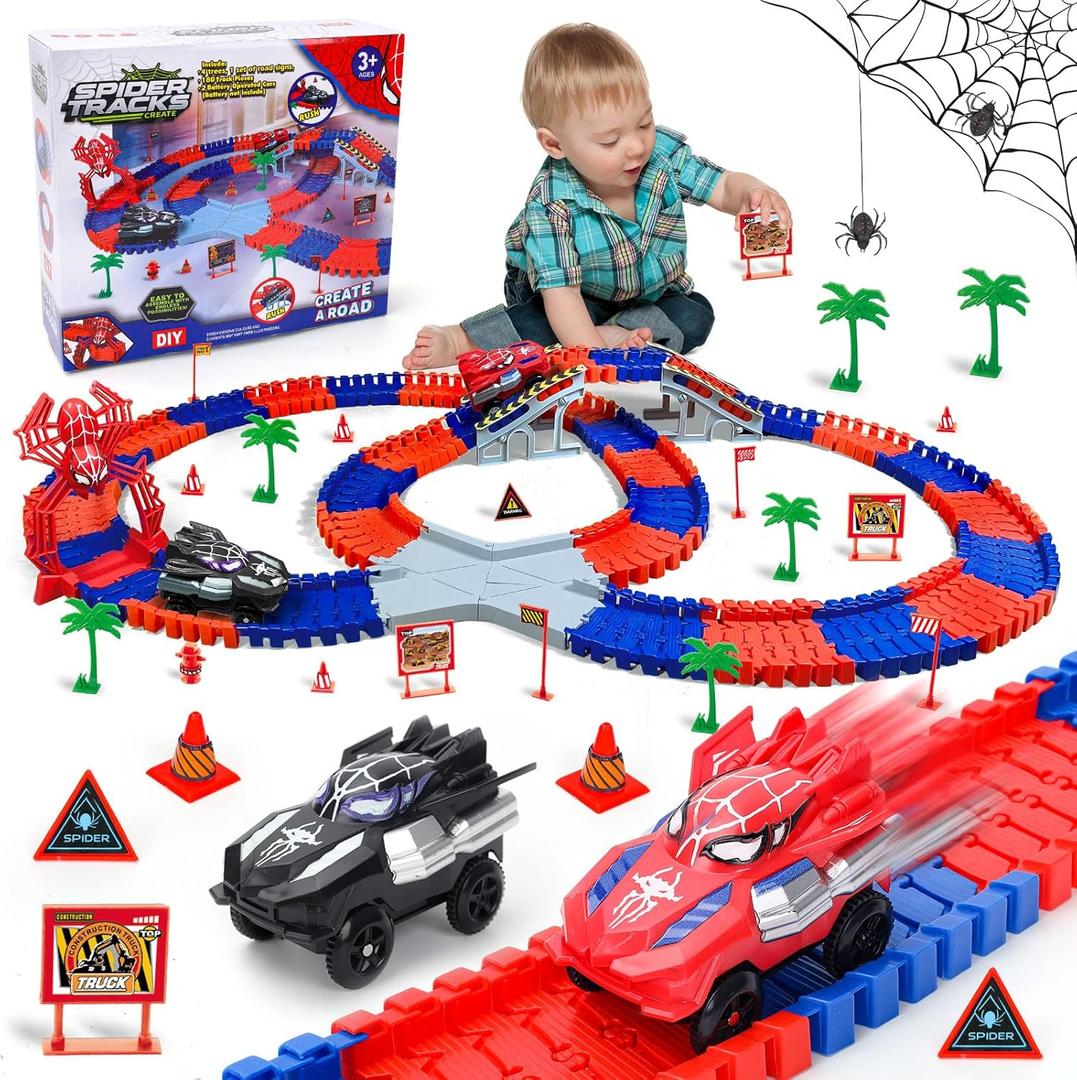 Spider Hero Monster Truck Toys for 3 4 5 6 7 8 9 Year Old Boys Girls: Race Track Set with 2 Spider Cars Electric Vehicle Kids Toys Gift for Boys Girls Age 3-9 Years Birthday Presents 212PCS