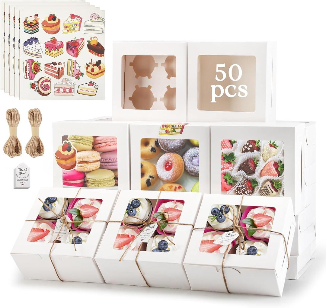 OAMCEG 50 Pack Cupcake Boxes with Window 6x6x3 Inches Cookie Boxes, Bakery Treat Boxes for Pastry, Desserts, Chocolate Strawberries, Cupcake Containers, Gift Giving with Stickers & Twine White