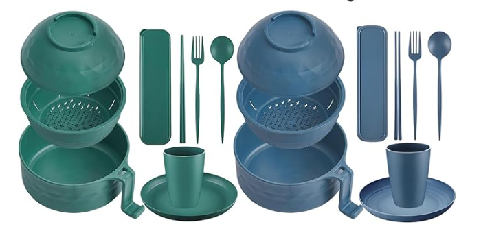 Romooa 12 Pcs Microwave Ramen Cooker Set Microwavable Wheat Straw Dinnerware Sets with 40oz Ramen Bowl, Plates, Cups and Cutlery Box, Dishwasher Safe Camping College Dorm (Blue,Green)