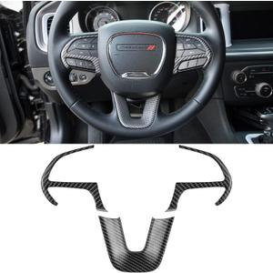 Steering Wheel Cover Trim Interior Accessories Decoration Kit for 2015-2024 Dodge Challenger Charger, for 2014-2024 Dodge Durango & Jeep Grand Cherokee SRT8 (Carbon Fiber Black 3PCS)