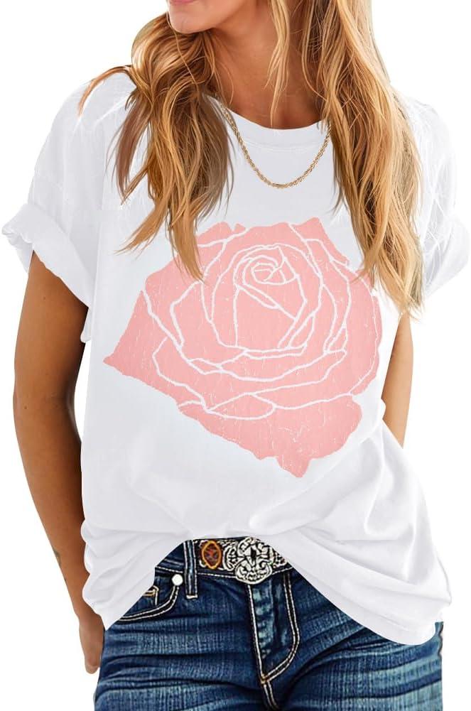 Womens Rose Graphic Tee T Shirt Loose Fit Summer Short Sleeve Casual Boyfriend Crew Neck Tops (X-Large)