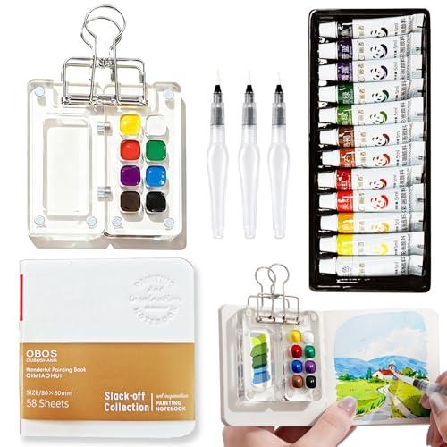MUZMDNI Mini Watercolor Paint Set Portable, Travel Grid Paint Palette Box with Binder Clips Include 12 Colours, Brush*3 and Picture Album Art Materials Coloring Markers for Travel, Creative Drawing Kit for Beginners and Art Enthusiasts