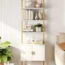 Yusong 73" Tall Bookshelf with Cabinet, Industrial Ladder Wall Mount Shelf Bookcase with Wood and Metal Frame, Plant Shelf Wall Storage Display for Living Room Bedroom, White Gold