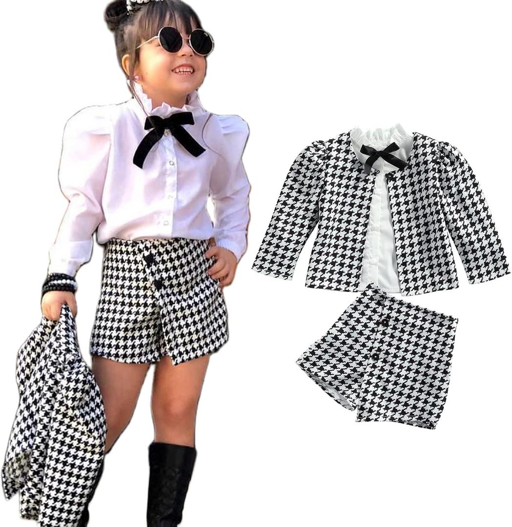 3PCS Toddler Baby Girl Ruffle Collar Button-Down Shirt + Long Sleeve Plaid Cardigan + Houndstooth Shorts Sets (4-5T, Black White)