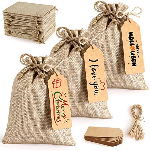 25Set Reusable Burlap Gift Bags with Drawstring, 5x7" Small Party Favor Gift Bags + Bonus Gift Tags & String, Brown Linen Sacks Bag for Wedding Party Favor, Coffee, DIY Craft Sachet Bulk Bags
