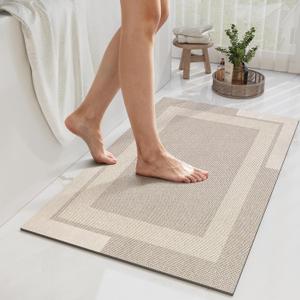 YDKGL Non Slip Bath Mat, Rubber Backing Ultra Thin Bathroom Rugs Fit Under Door Quick Dry Super Absorbent Washable Bath Rug Shower Mat for Bathroom Floor Bathtub Shower Sink, Easy Care Beige 20"x 32"