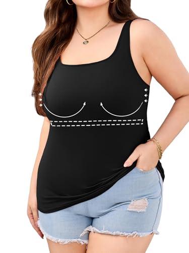V FOR CITY Tank Top with Built-in Bra Scoop Neck Plus Size Camisole Tops for Women Fall Casual Cotton Cami Shirts 2X Black