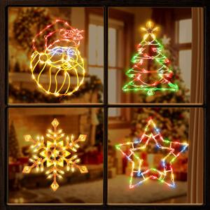 4 Pack Christmas Window Silhouette Lights Decorations, Santa Claus, Xmas Trees, Snowflake, and Star Window Silhouette with 50 Bulbs for Holiday Indoor Wall Door Glass Decorations