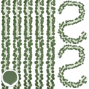 Sggvecsy 16Pcs Artificial Eucalyptus Garland Greenery Leaves Silk Vines Silver Dollar Leaves Faux Leaf Plants for Wedding Wall Table Party Home Fireplace Bedroom Decor