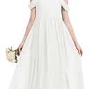 Girls A-Line Maxi Dress Junior Bridesmaid Flower Girl Dresses Girl Off-Shoulder Chiffon Dress for Wedding Pageant, 
(13-14Y White)
