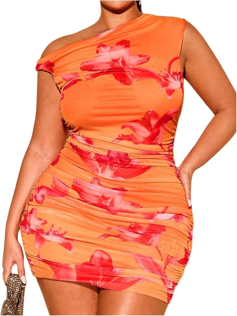 WDIRARA Women's Plus Size Floral Off The Shoulder Mini Dress Ruched Asymmetrical Sleeveless Bodycon Mesh Dresses (Orange) Size 4XL