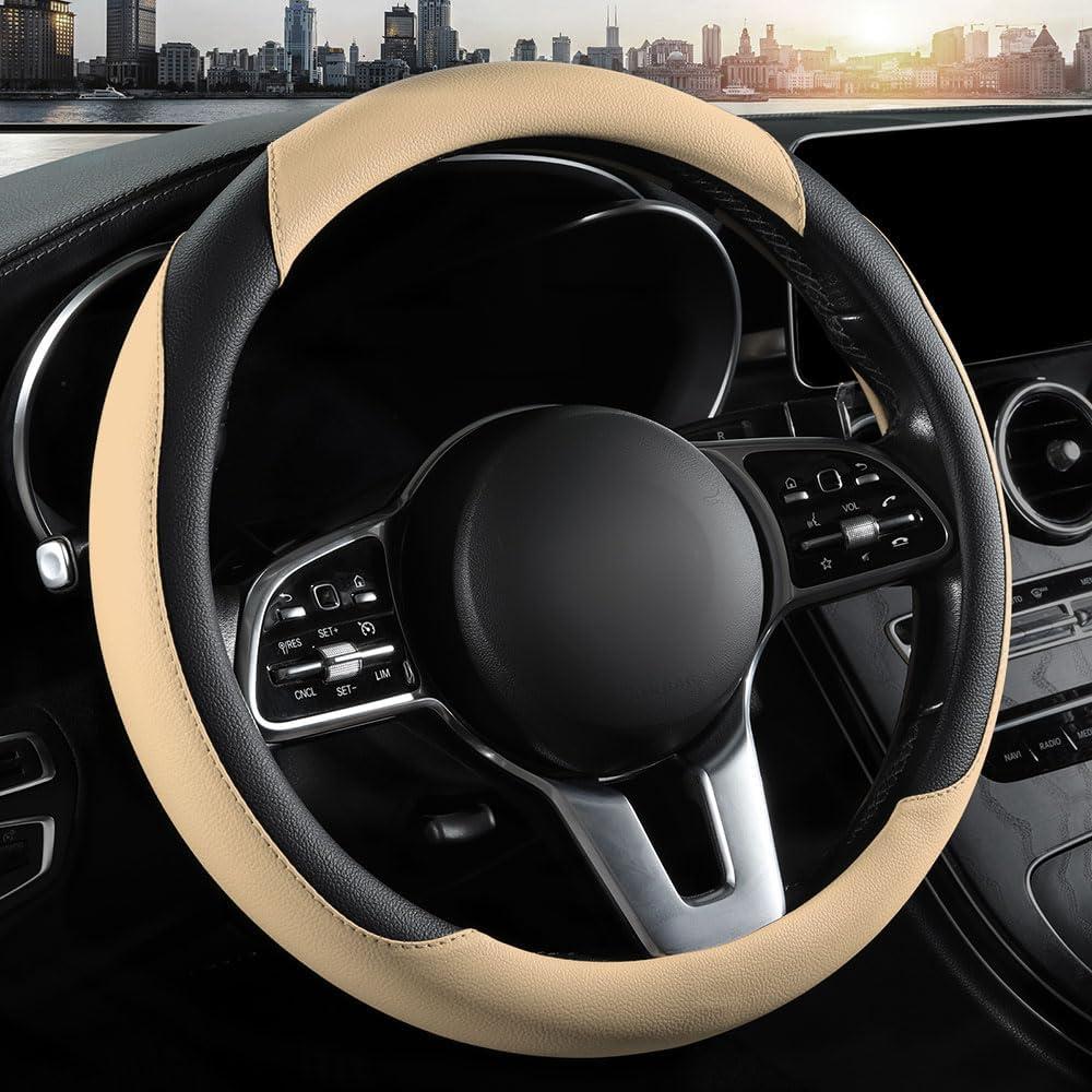 Car Steering Wheel Cover, Leather Steering Wheel Cover, Universal 15 inch Anti-Slip Comfortable Steering Wheel Covers Men Women (Beige)