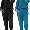 Ekouaer 2 Pack Womens Pajama Sets Long Sleeve Lounge Sets Soft Pj Sleepwear Loungewear (Large, Black/Blue Green)