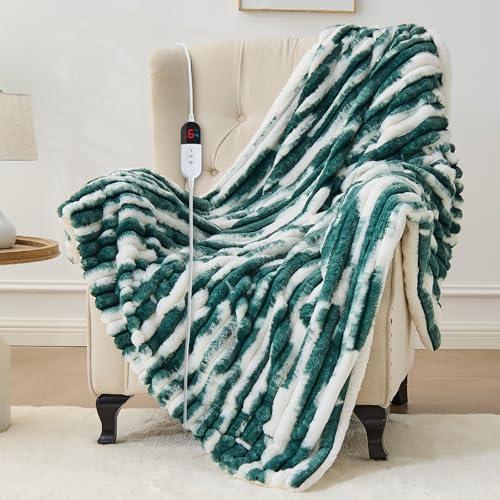 Heated Blanket Throw - 50"x60" Fast Heating Bed Electric Blankets Throw with 6 Heating Levels & 4 Hours Auto Off, Soft Ribbed Faux Fur Sherpa, Over-Heated Protection ETL, Dark Green