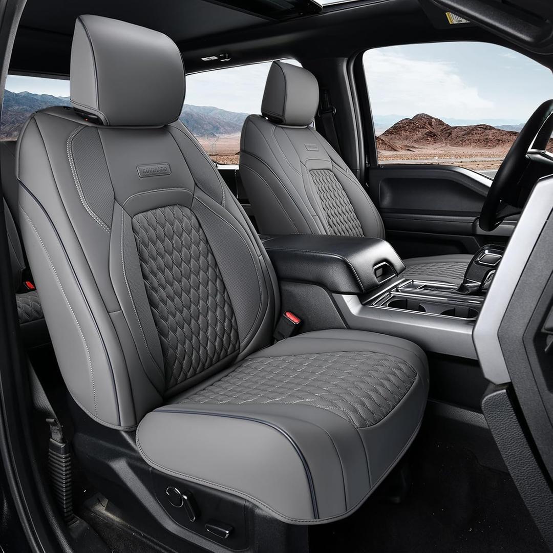 Coverado Tundra Seat Covers Full Set, Leatherette Seat Covers Fit for Toyota Tundra 2007-2013 2022 2023 Waterproof Car Seat Cover Seat Protector Cushion for Car Truck Accessories(Gray)