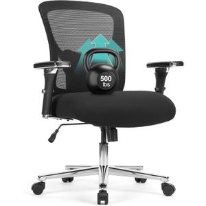 Big and Tall Office Chair 500LBS, Heavy Duty Ergonomic Computer Desk Chair Mesh Executive Task Chair with Adjustable Lumbar Support Wide Comfy Seat and 4D Armrests for Home Office, Black, 27 inches x 27 inches x 42.3 inches