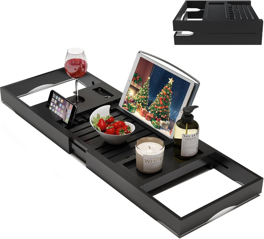 Foldable Bamboo Bathtub Caddy Tray Expandable for Luxury Bath, Bath Accessories & Table with Wine Glass Holder, Book Stand Bathroom Organizer with Extending Sides for Men/Women,Black