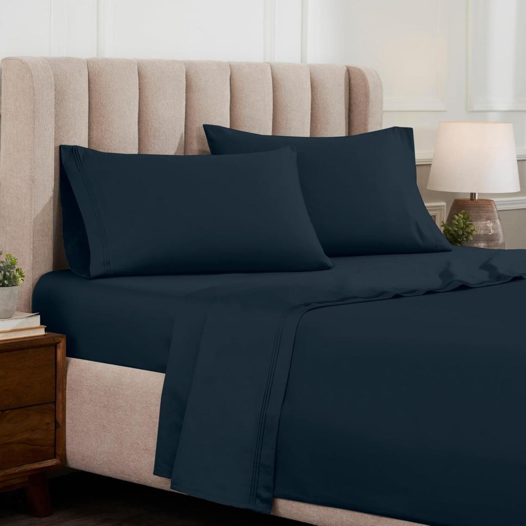 Superior Egyptian Cotton 4 Piece Sheet Set, Luxury 1000 Thread Count, Modern Design, Sustainable Sheets, Ultra-Soft Basics, Solid, Deep Pocket Fitted Sheet, Flat Sheet, Pillowcases, King, Navy Blue