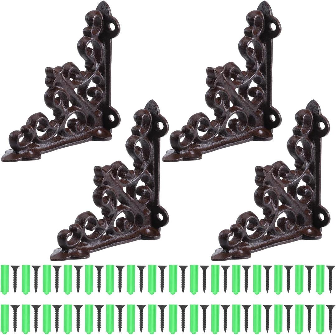 4 Pcs Decorative Shelf Brackets, 3.74x3.74 Inch Cast Iron Heavy Duty Decorative Wall Brackets Supporter, Victorian Style Wall Mounted Floating Shelves
