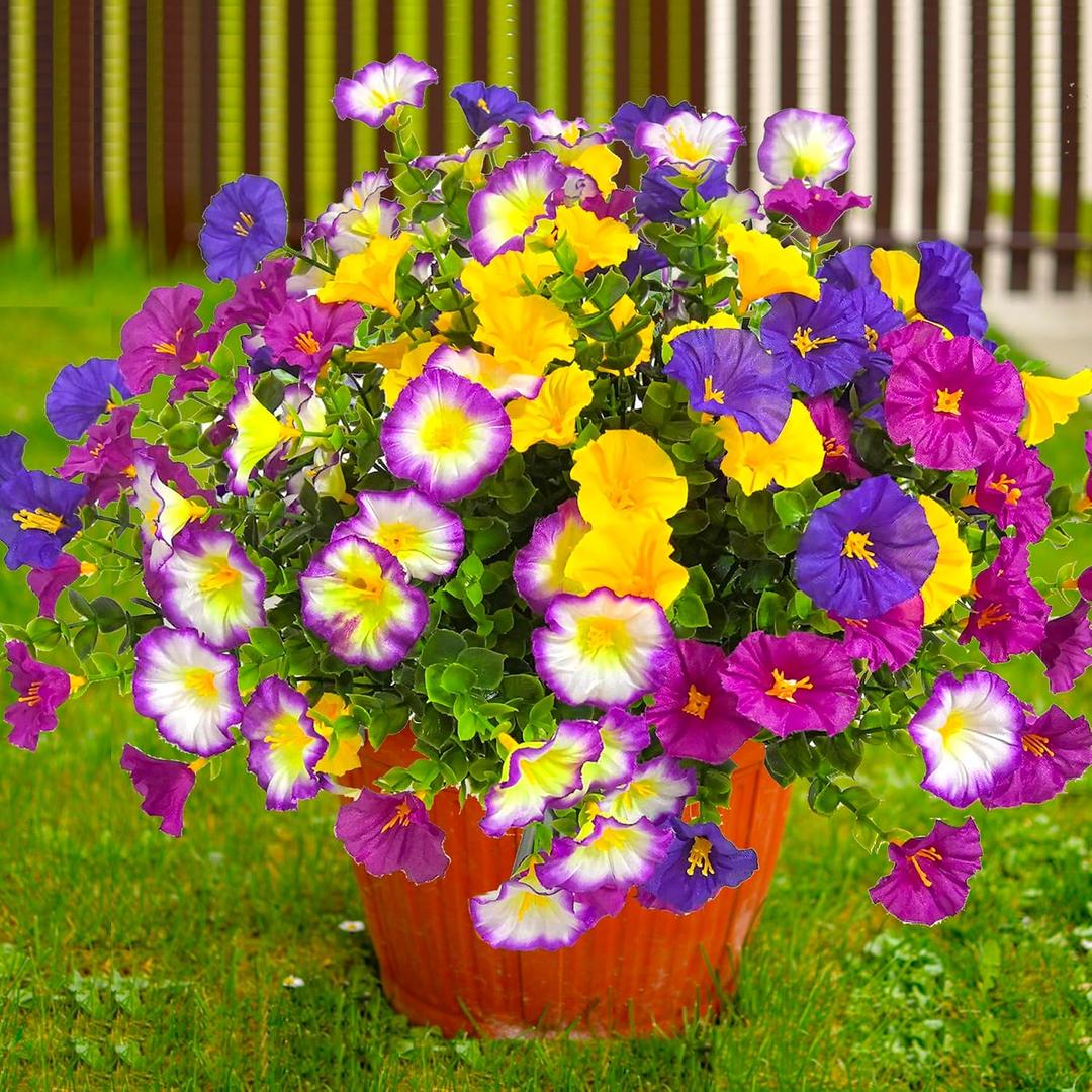 Artificial Flowers for Outdoors Fake Plants Spring Summer Decor, 12 Bundles Realistic Fake Silk Flowers Colorful Morning Glory UV Resistant Faux Flowers for Porch Outside Planter Porch Patio Yard