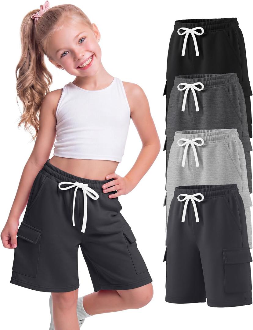 4 Pack Girls' Cargo Bermuda Shorts | Drawstring, Casual, Knee Length Pants, Baggy Shorts, with Pockets, Summer Pants for Kids 5-16 Years (Black)