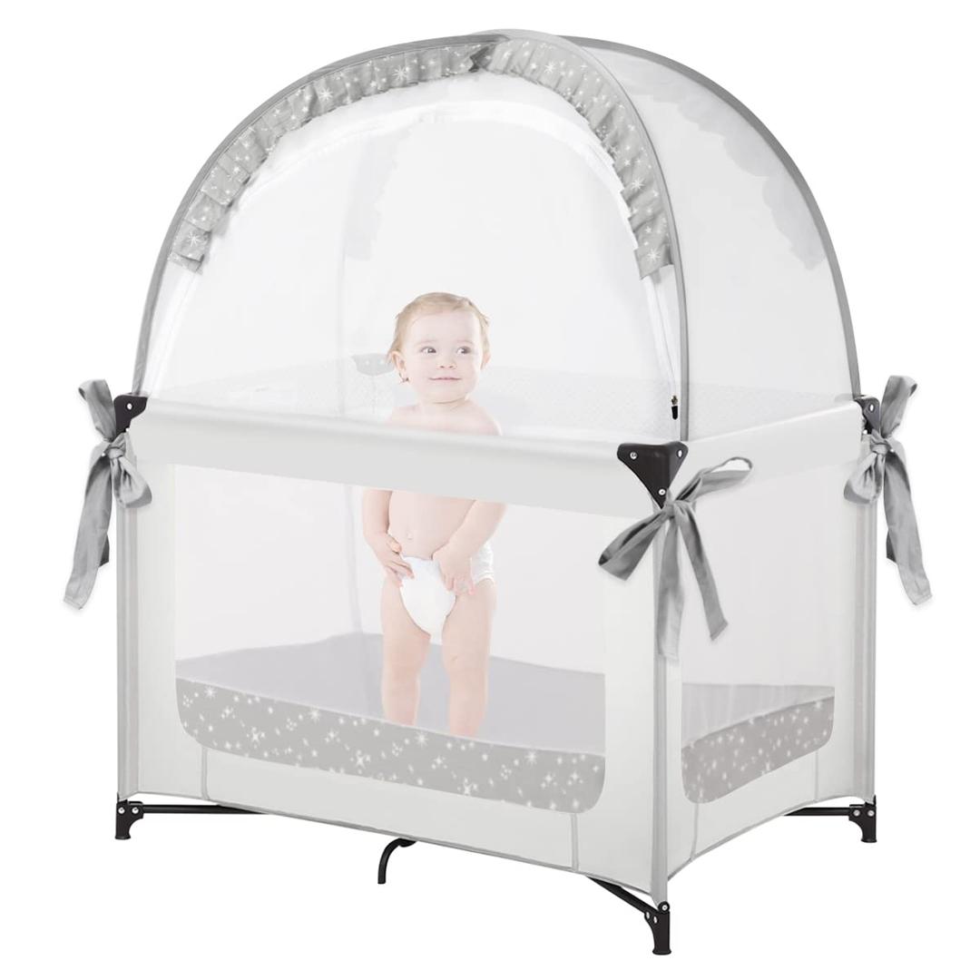 Pack and Play Tent, Crib Tent to Stop Baby from Climbing Out, Baby Safety Tent Cover for Pack N Play, Mini Cribs & Playpen, Pop Up Crib Net Against Falls (39.6" L x 27.6" W x 49.2" H) (Gray+stars)