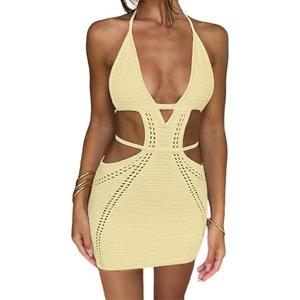 Women's Sexy Halter Hollow Out Knitted Mini Dress Sleeveless Backless Lace Up Bodycon Summer Beach Dress, Medium