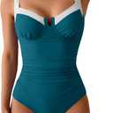 B2prity Women's Underwire One Piece Swimsuits Tummy Control Bathing Suits Push Up Swim Suit Color Block Swimwear (XX-Large, Peacock Blue, White)