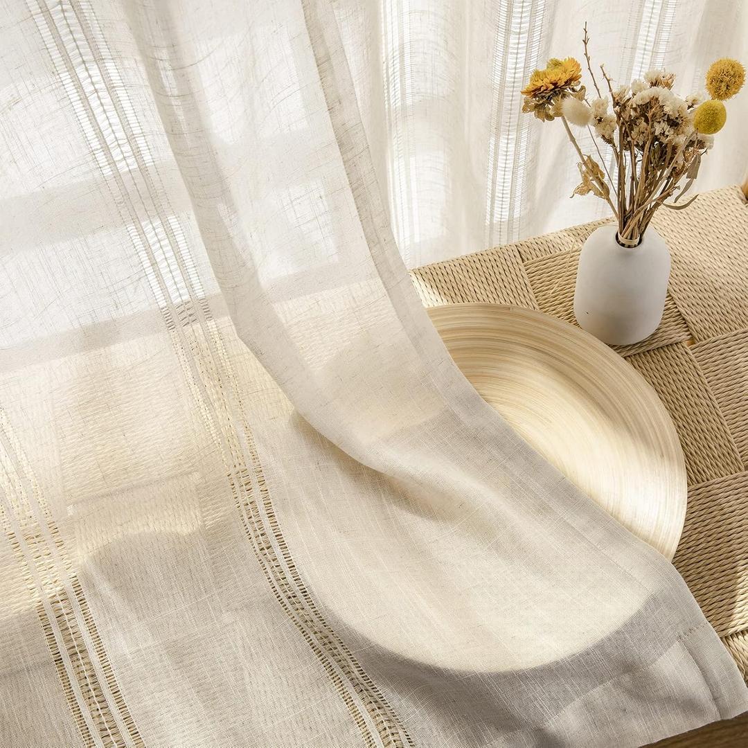 Natural Linen Semi Sheer Privacy Light Filtering Curtain for Living Room, Rod Pocket Transparent Farmhouse Window Drapes,2 Panels,W52 x L63
