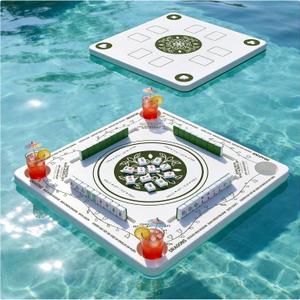 Floating Mahjong Table for Pool with 4 Cup Holders, 31.5" Pool Mahjong Set, Double-Sided Game Table for Hot Tub, Beach Party, Includes 4 Shuffle Cards
