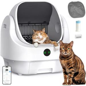 Open Top Automatic Litter Box, Odor Control, Ready to Use, Self Cleaning Litter Box, Large Capacity with APP Control and Safety Sensor, Ellenpent, with Trash Bags/Waterproof Mat/Litter Mat (White-1)